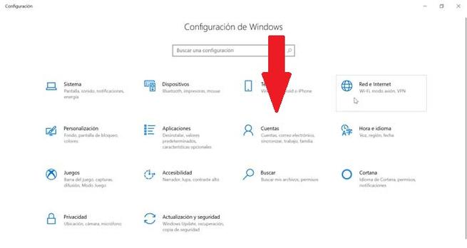 Configuracion y cuentas en Windows 10
