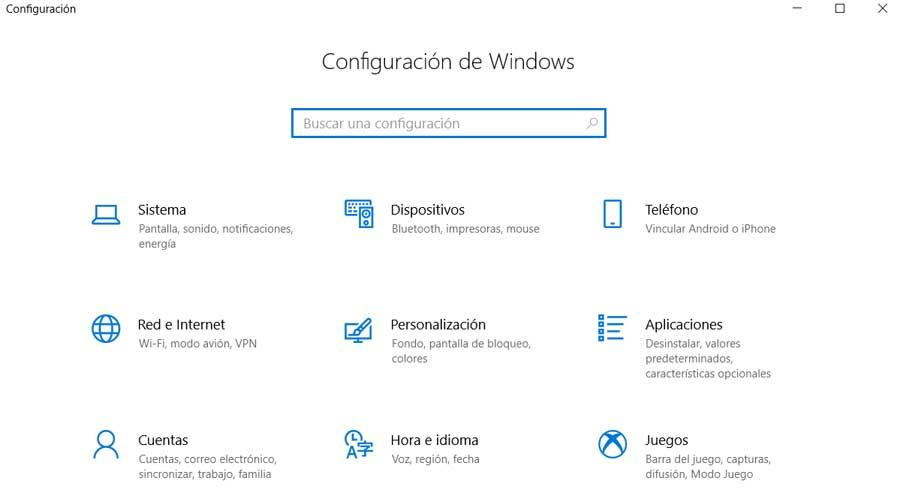 Configuracion de Windows panel