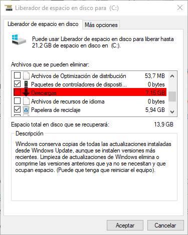 Liberador de espacio de Windows 10 - Carpeta de Descargas