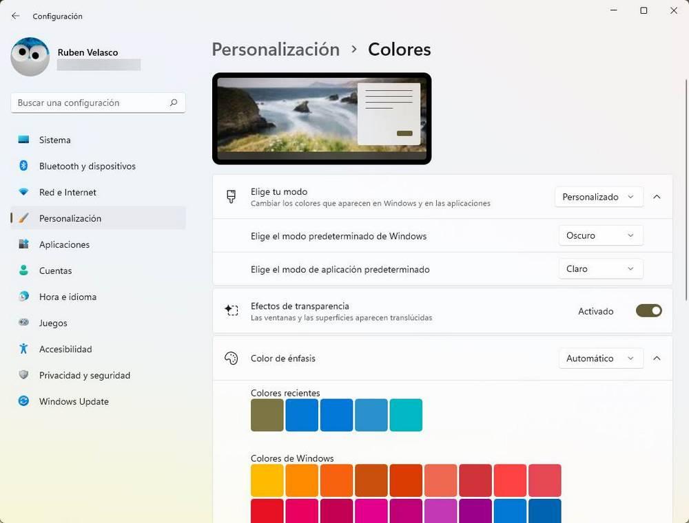 Opciones personalización color Windows 11