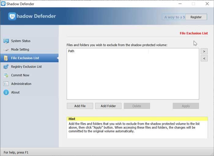 Shadow Defender File Exclusion List