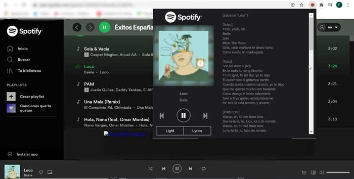 Spotify Web Player Control met Lyrics
