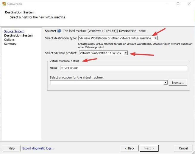 VMware vCenter Dönüştürücü - Opciones de VM
