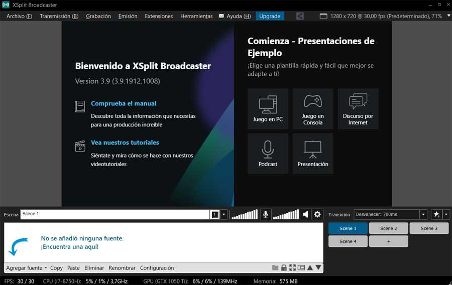 Xsplit Broadcaster interfaz principal