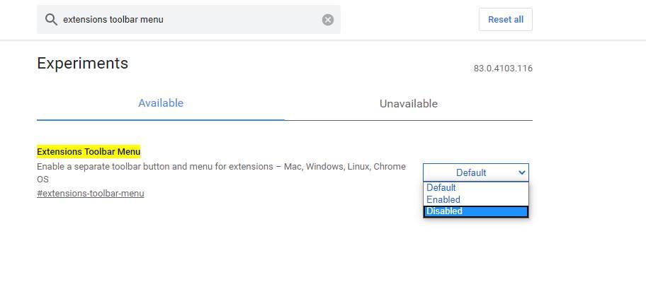 Desactivar menu extensões Chrome