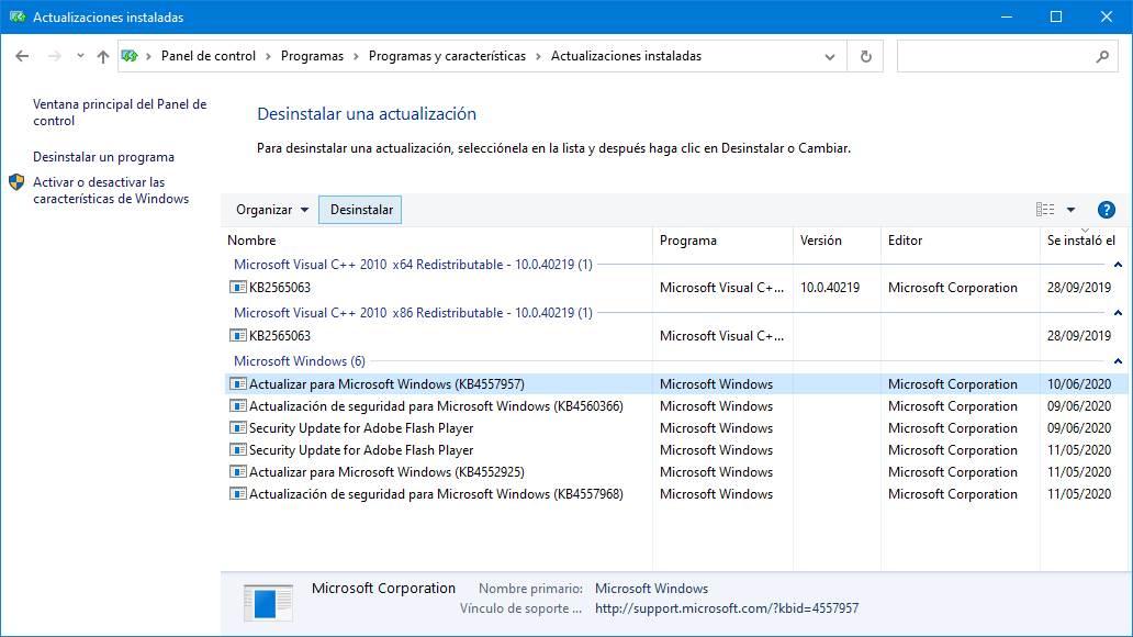 Desinstalar actualizaciones Windows 10 junio 2020