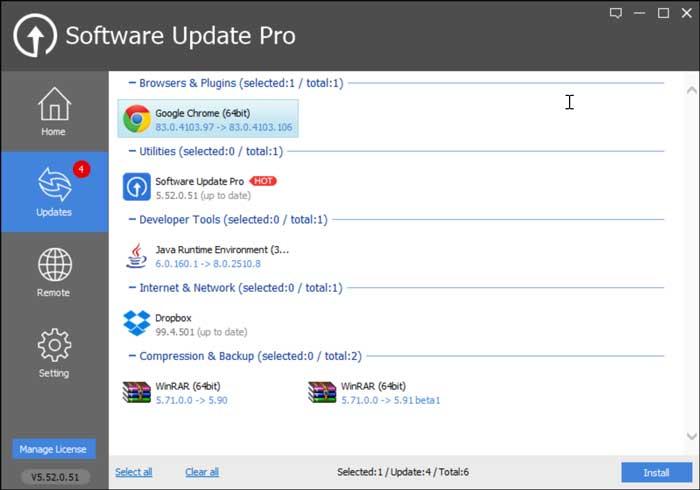Glary Software Update menú de la versión Pro