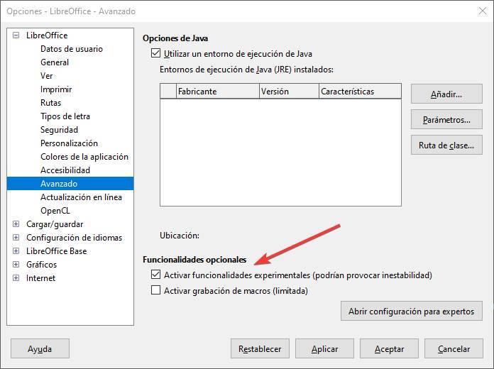 Habilitar funciones experimentales LibreOffice