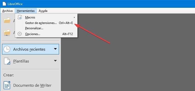 LibreOffice - Abrir panel extensiones
