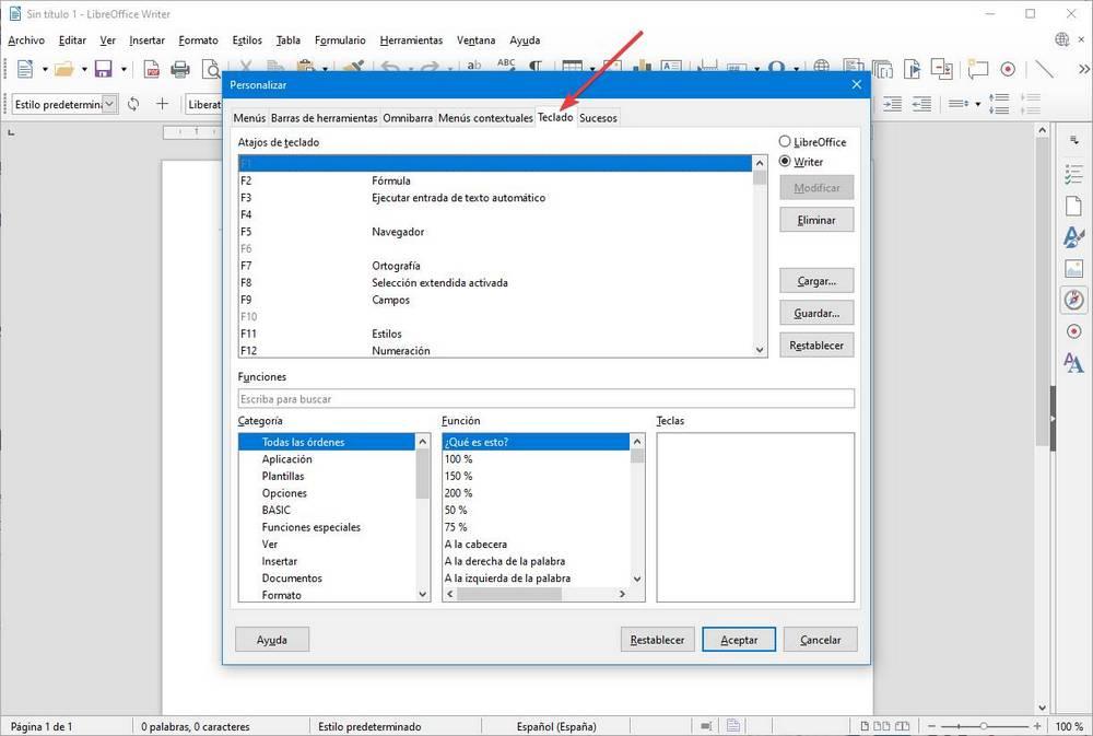 Personalizar atajos de teclado LibreOffice Writer
