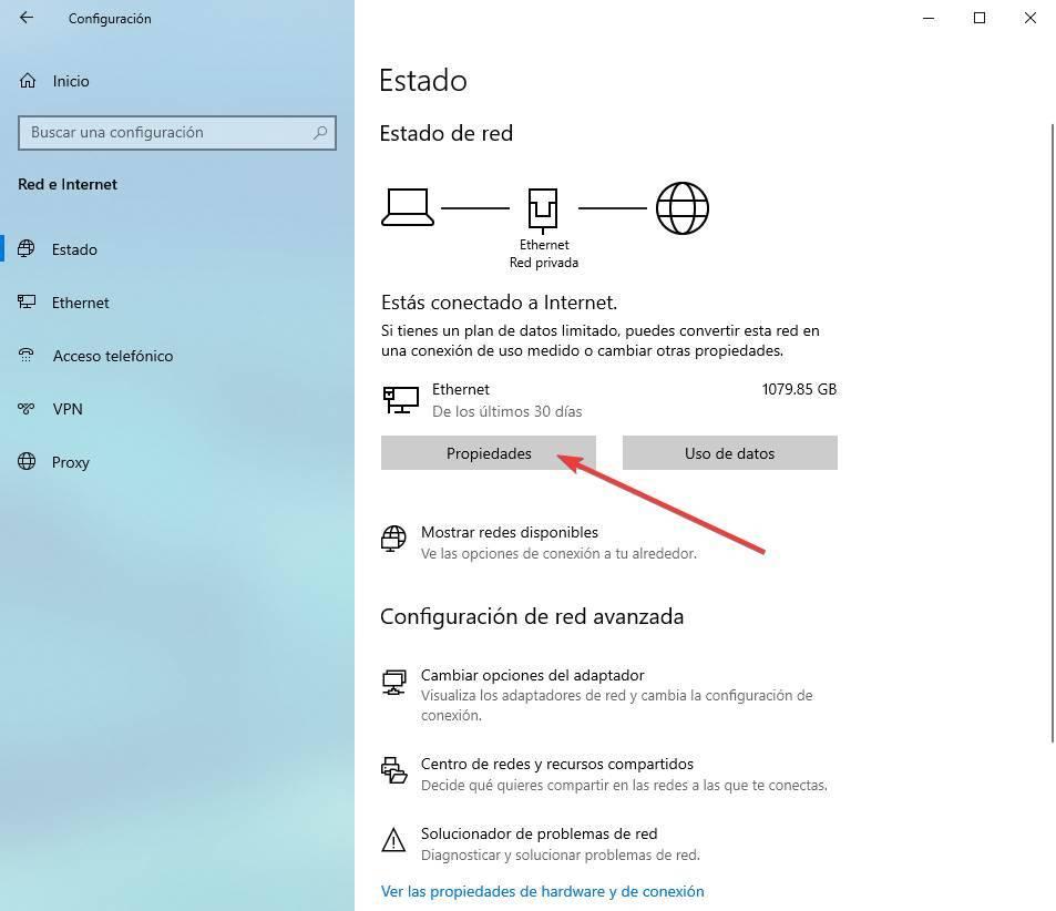 Propiedades de red en configuración de Windows 10
