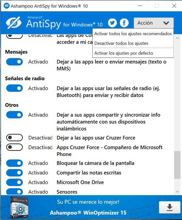 Ashampoo AntiSpy ajustes de acción