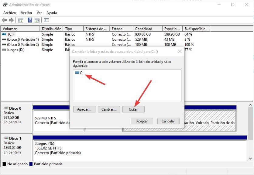 Eliminar letra de unidad en Windows desde el administrador de particiones
