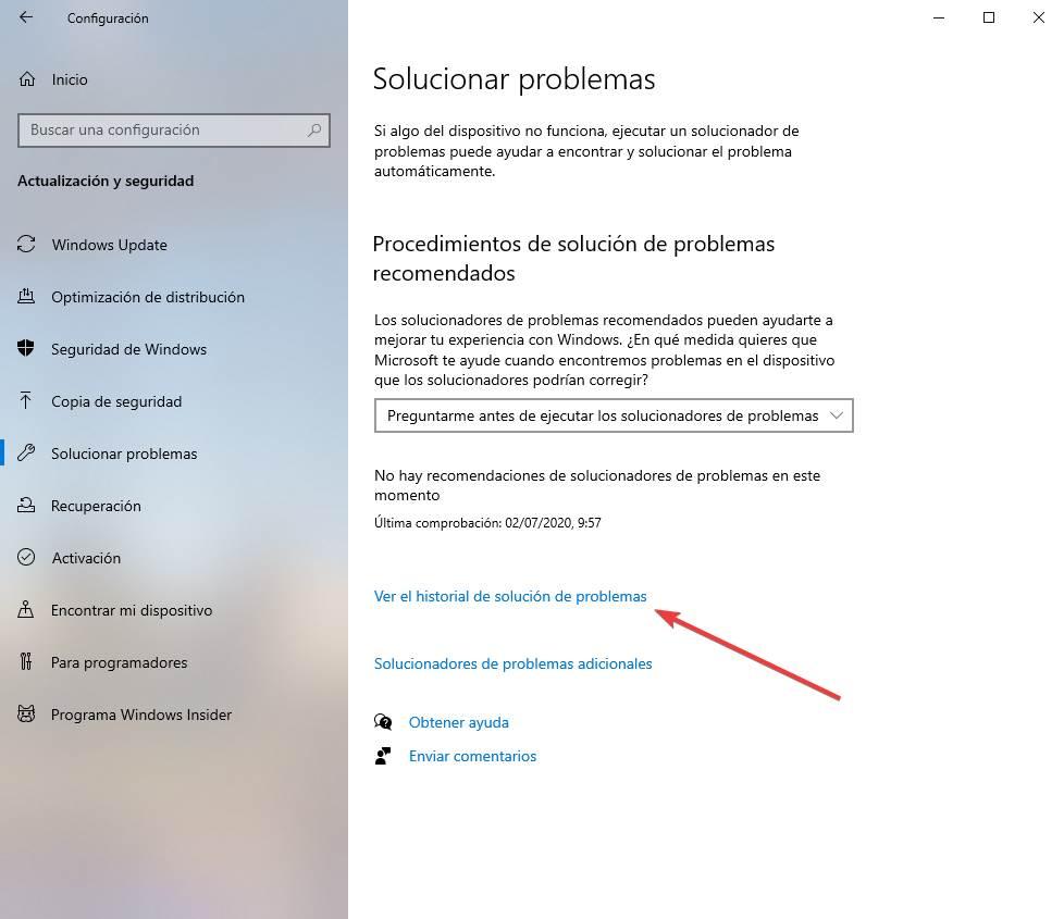 Historial solución problemas Windows 10