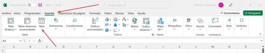 Insertar tabla en Excel