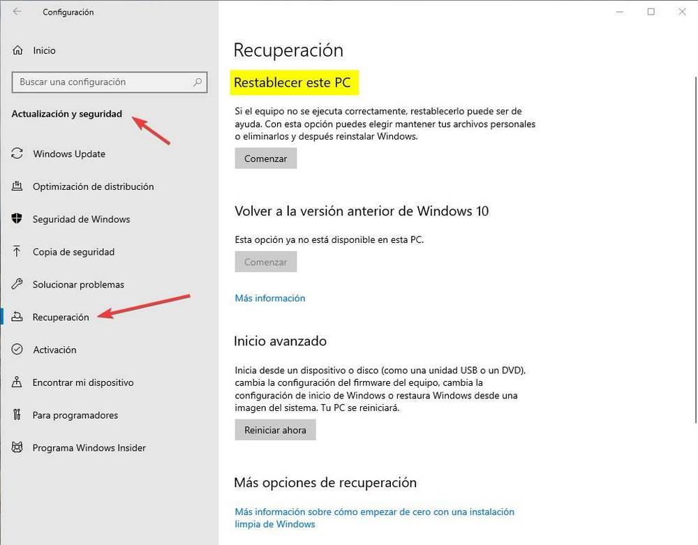 Opciones de recuperación de Windows 10