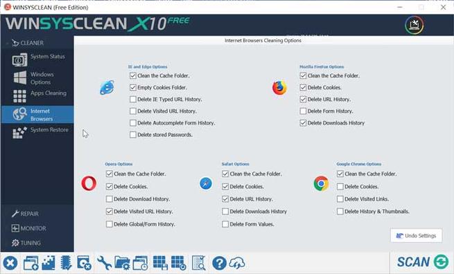 WinSysClean X10 Internet Browsers
