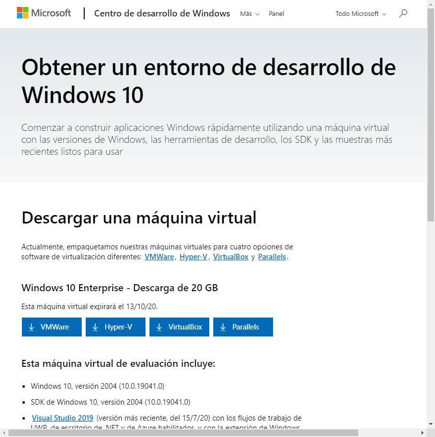 Descargar VM Windows 10 Enterprise Dev