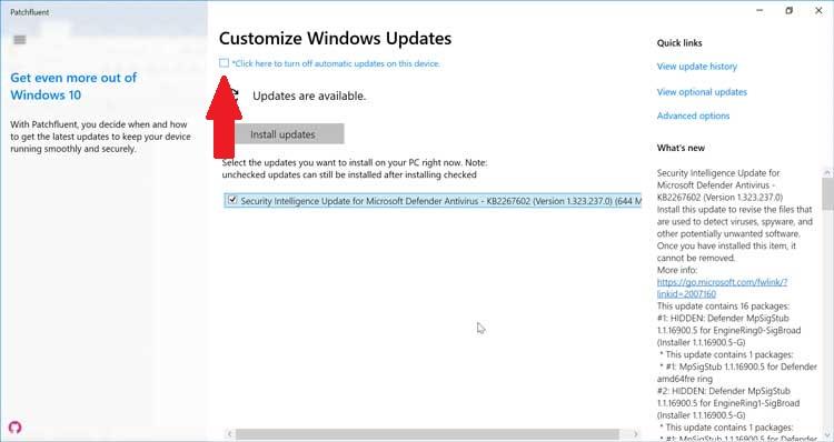 PatchFluent desactivar actualizaciones automáticas Windows