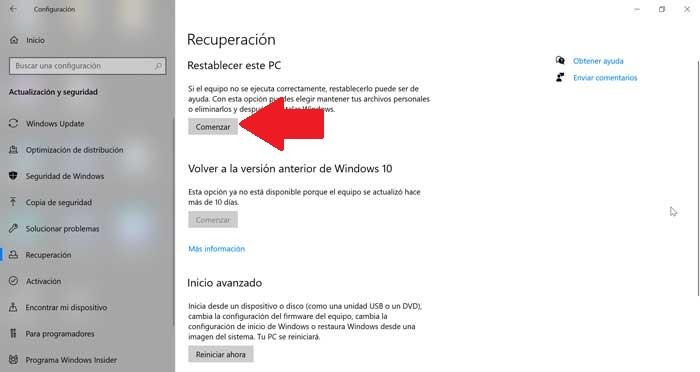 Restablecer este PC en Windows 10