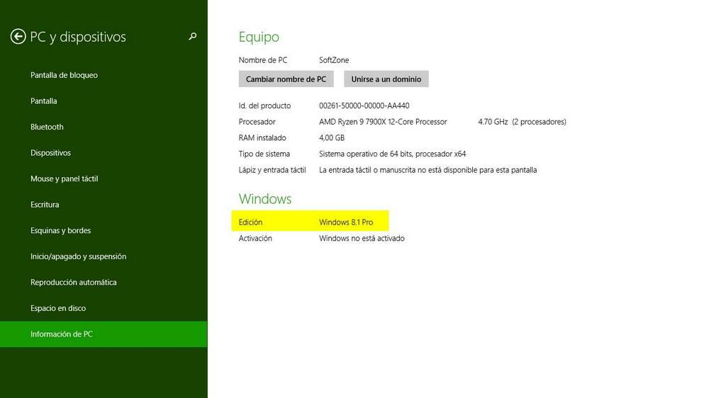 Versión Windows 8.1 instalada