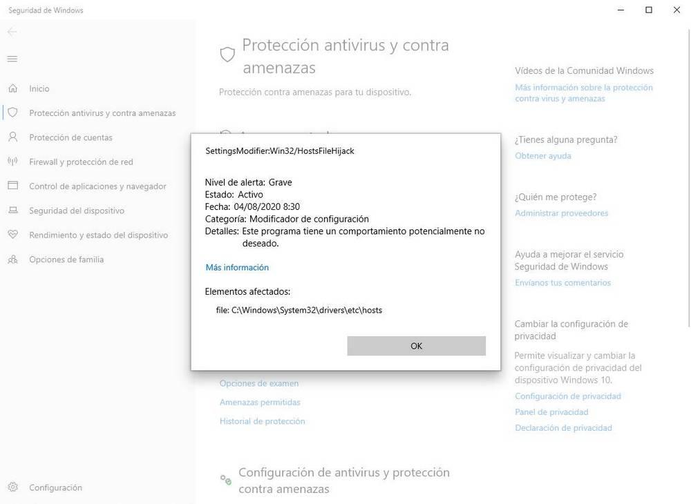 Windows Defender bloquea HOSTS Windows 10