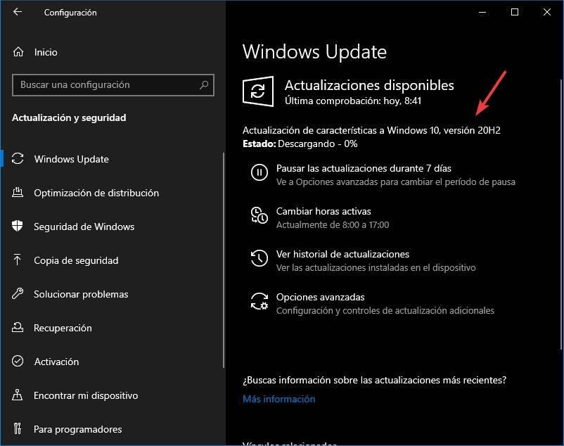 Actualización Windows 10 20H2 disponible