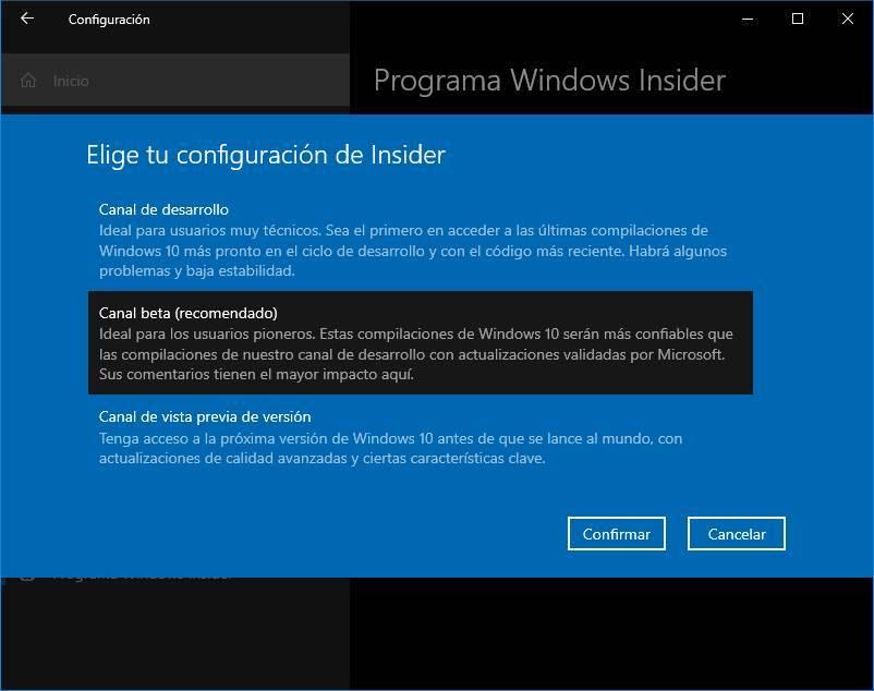Canal beta Insider Windows 10 20H1
