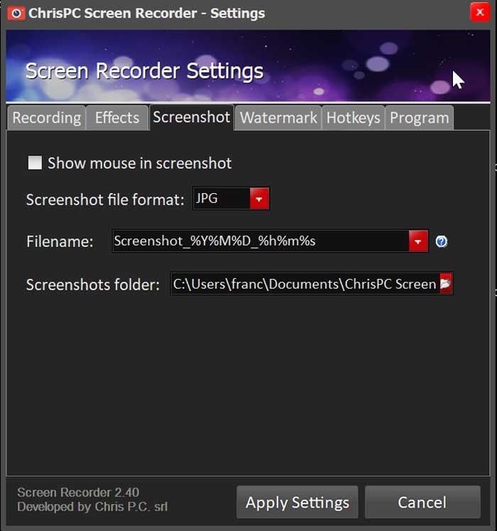 ChrisPC Screen Recorder Advanced Settings