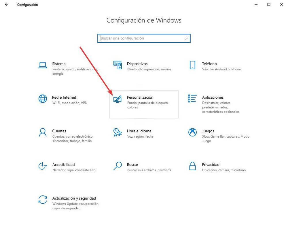 Opciones de Configuración de Windows 10 - Personalizar