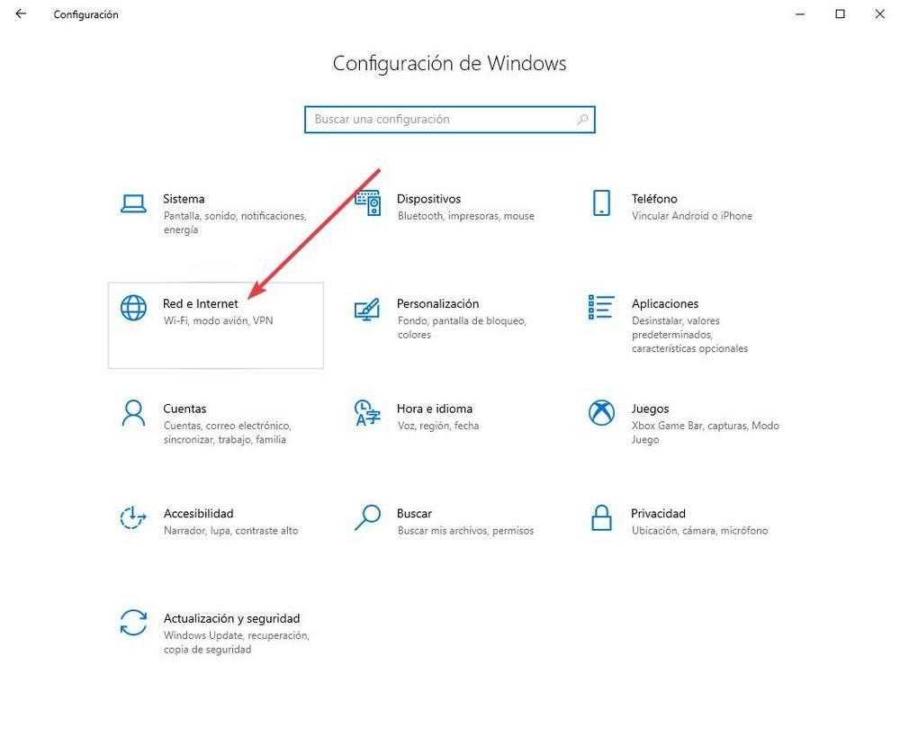 Opciones de red e Internet en configuración de Windows 10