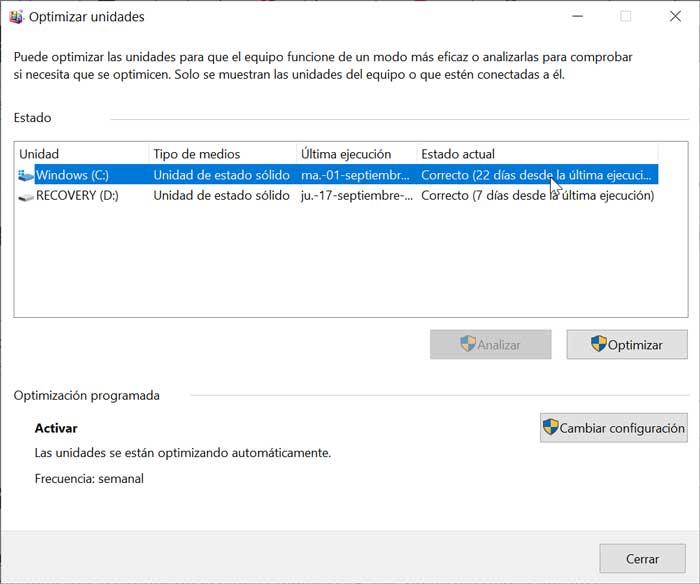 Optimizar unidades Windows 10
