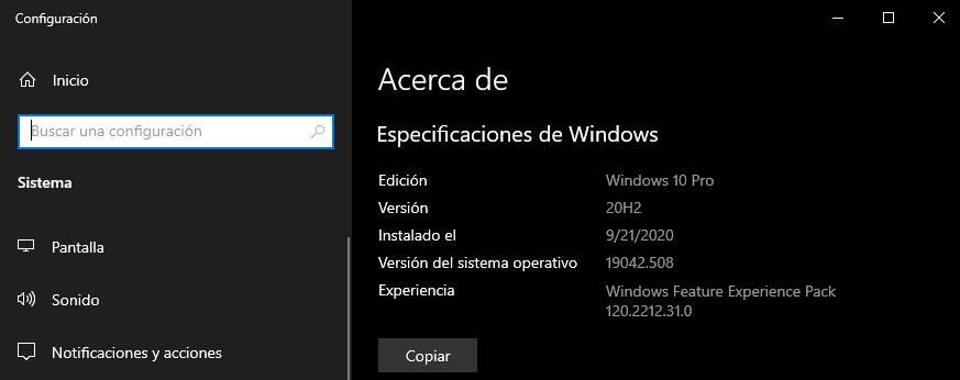 versión Windows 10 October 2020