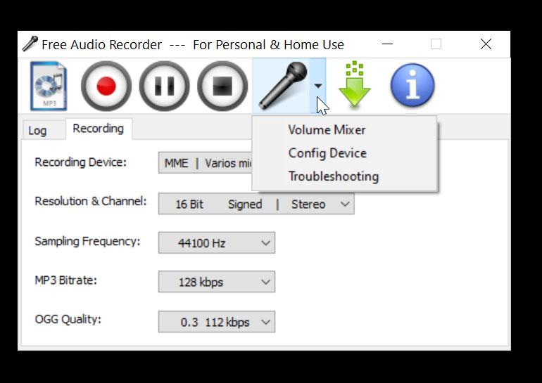 Free Audio Recorder opciones de sonido