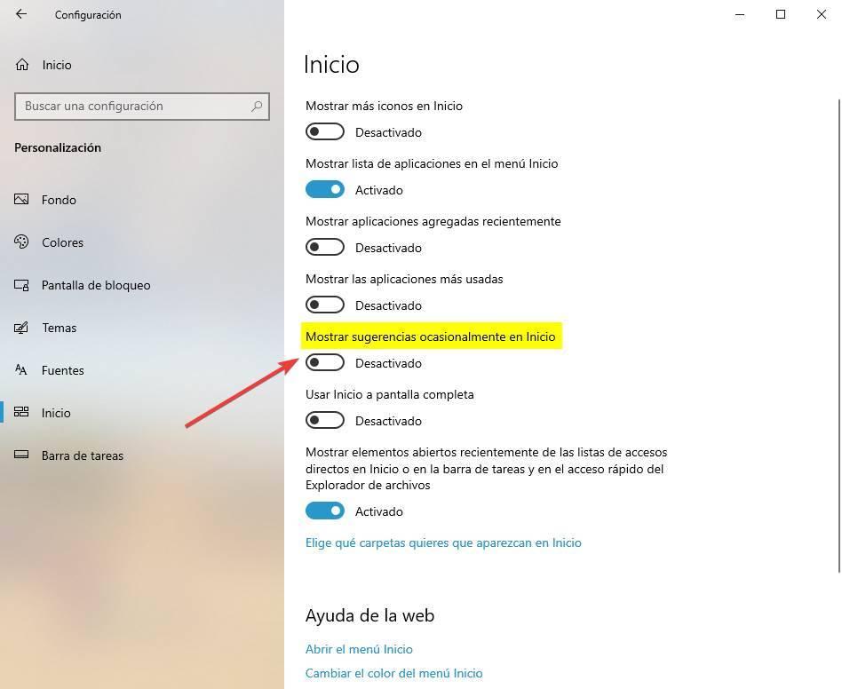 Quitar publicidad de Windows 10 - Ocultar sugerencias inicio