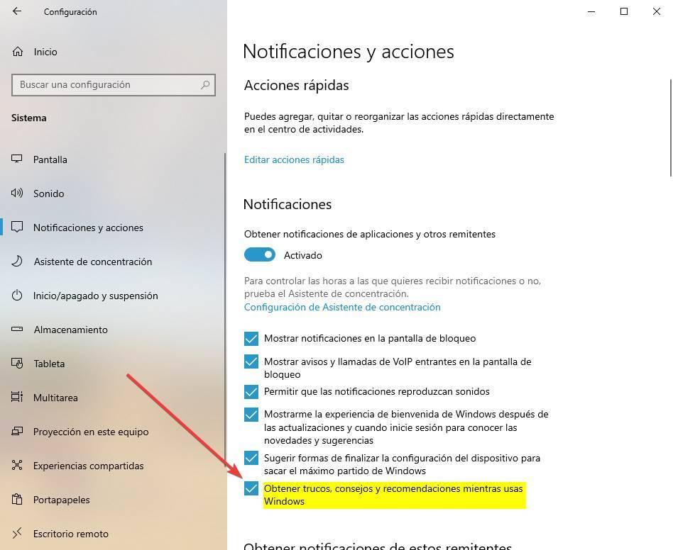 Quitar publicidad de Windows 10 - Quitar trucos y consejos de las notificaciones