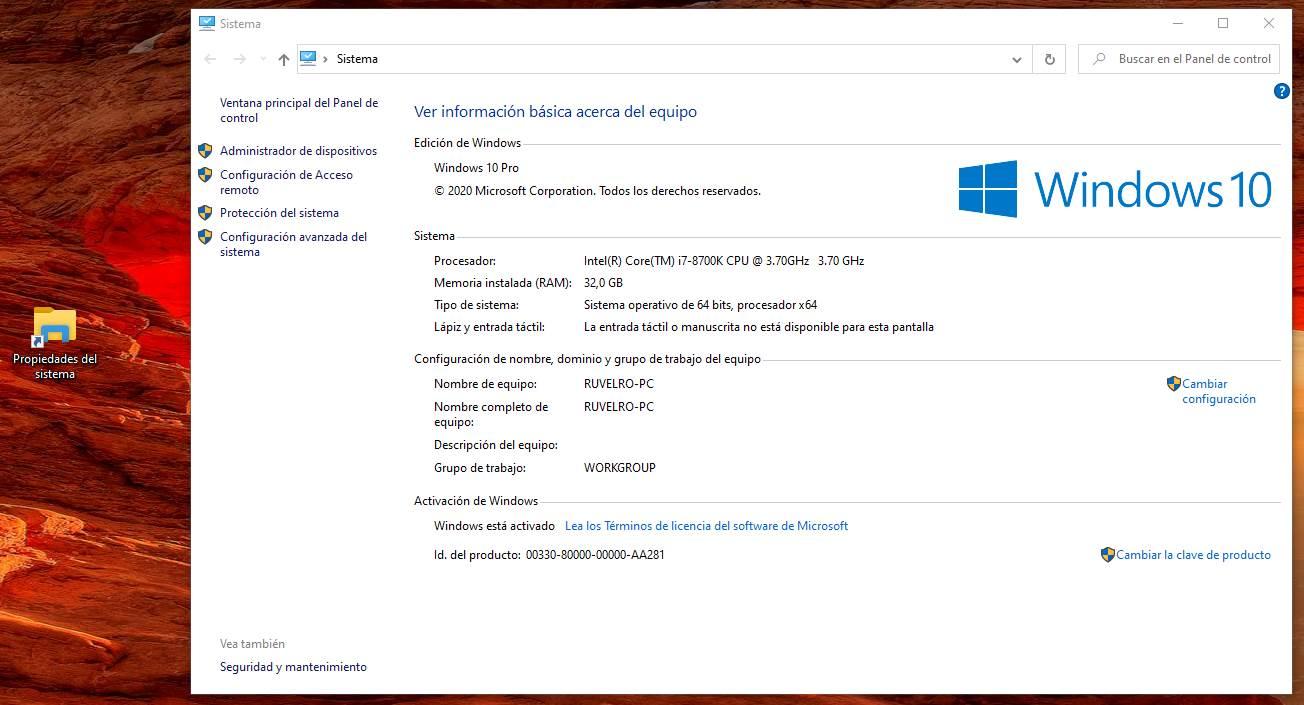Ventana de propiedades de sistema e información del PC en Windows