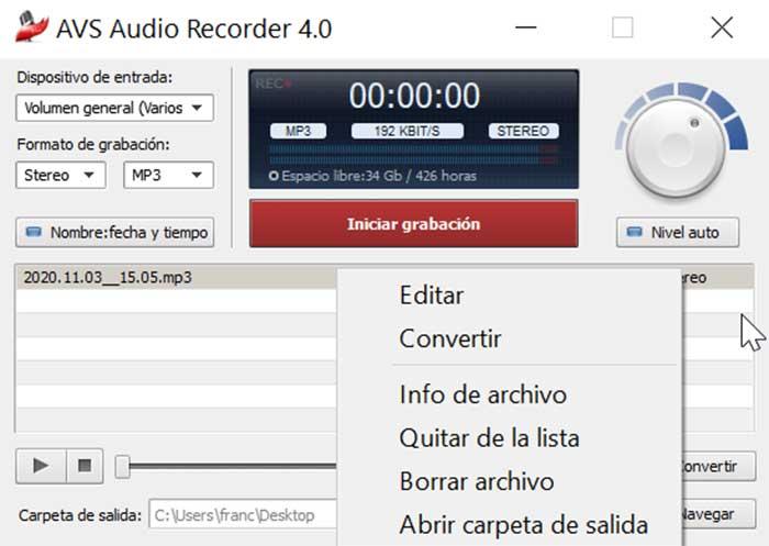 AVS Audio Recorder información del audio creado