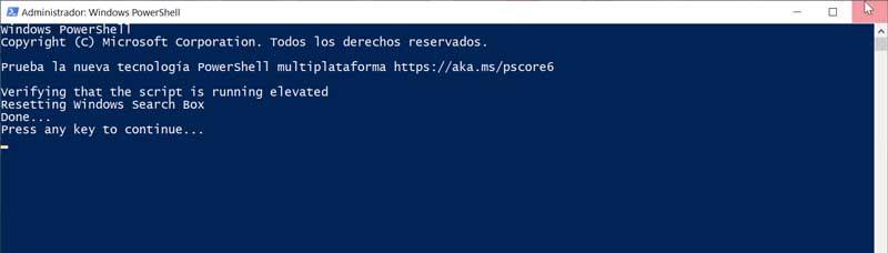 Restablecer Windows Search desde PowerShell