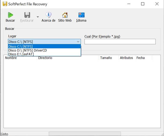 SoftPerfect File Recovery menú principal