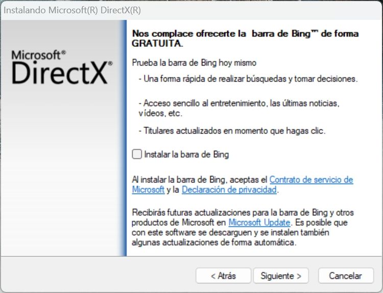 Ventana de instalación de DirectX en Windows 11 mostrando opciones de barra de Bing.