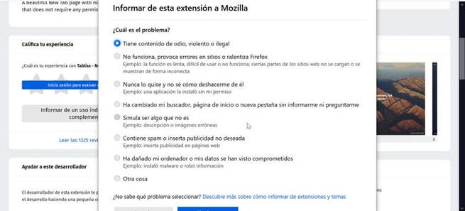 Mozilla informar extensión