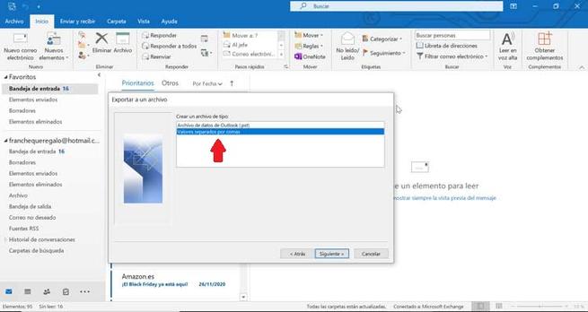 Outlook exportar archivo separado por comas