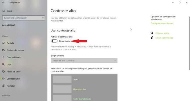 Windows 10, activar casilla usar contraste alto