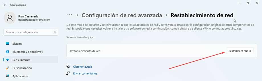 Windows restablecer la red