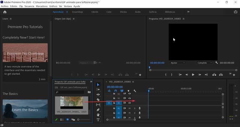 Adobe Premiere añadir archivo importado a la línea de tiempo
