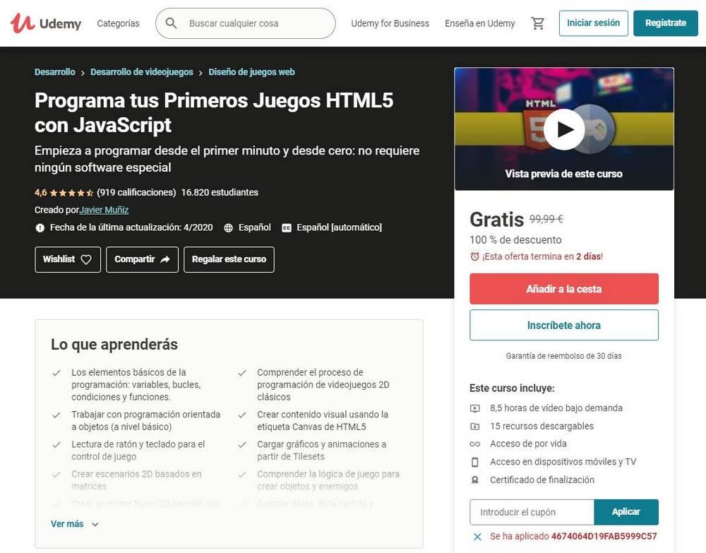 Ohjelma Primeros Juegos HTML5 with JavaScript - Curso Gratis