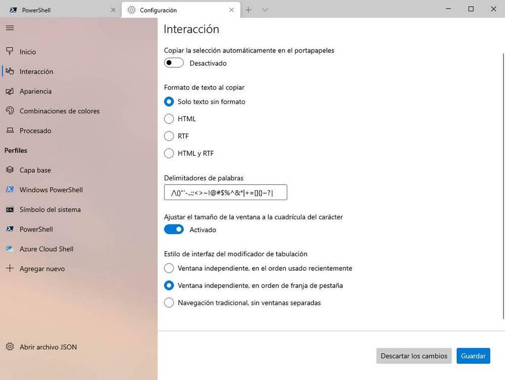 Windows Terminal - Nuevo panel configuración 2