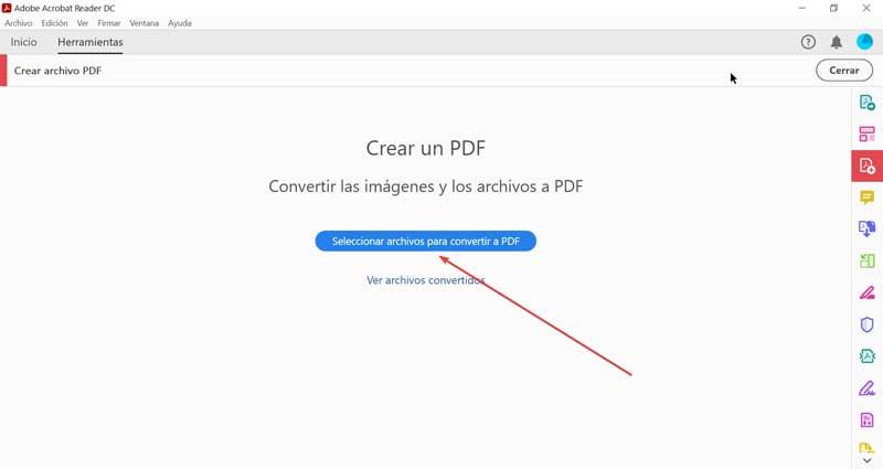 Acrobat Reader DC seleccionar archivos para convertir a PDF