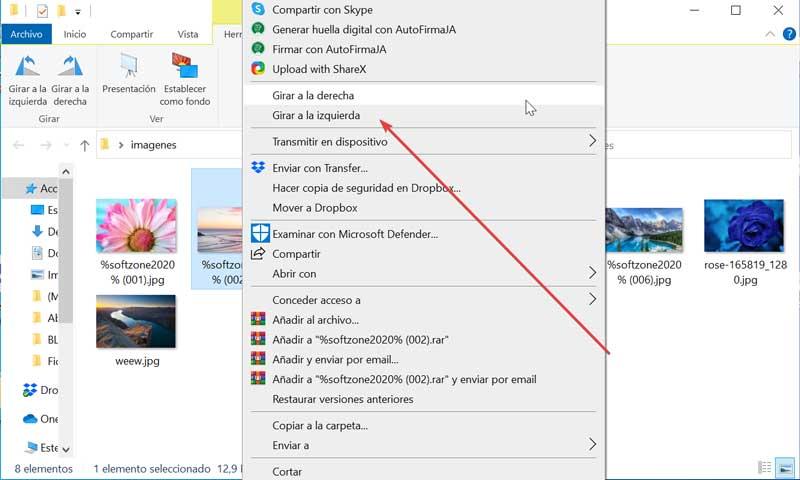 Girar imagen desde el menú contextual de Windows 10